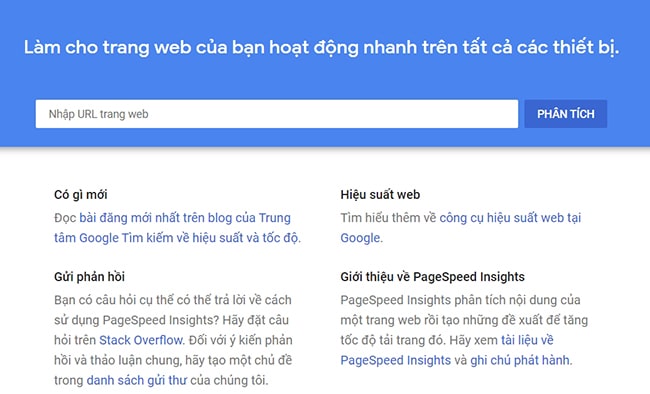 Test web Google PageSpeed Insights